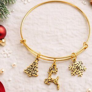 Christmas Charm Bangle Bracelet Tree Reindeer Snowflake Gold